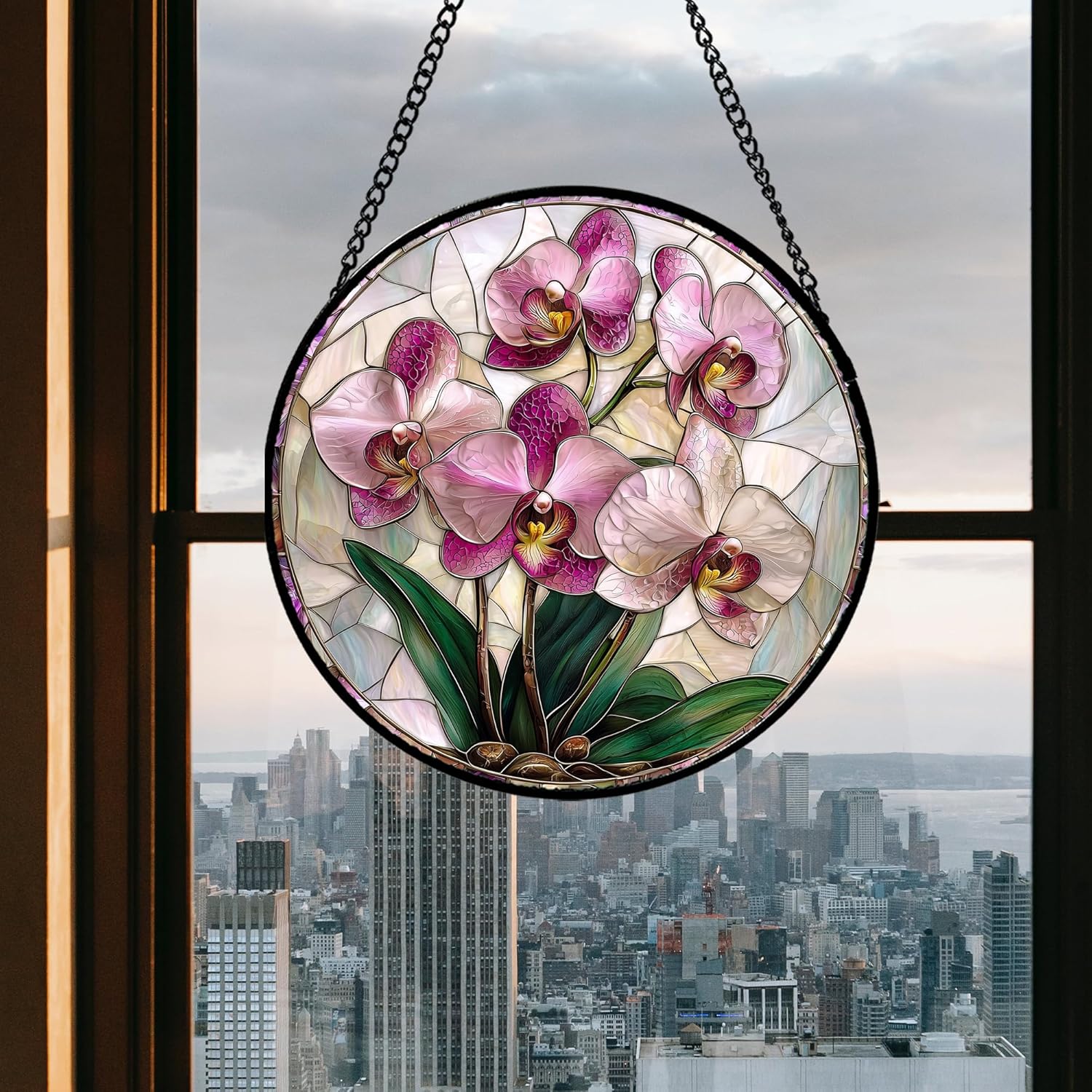 Stained Glass Window Hanging - 15 in Pink Purple Phalaenopsis Flowers