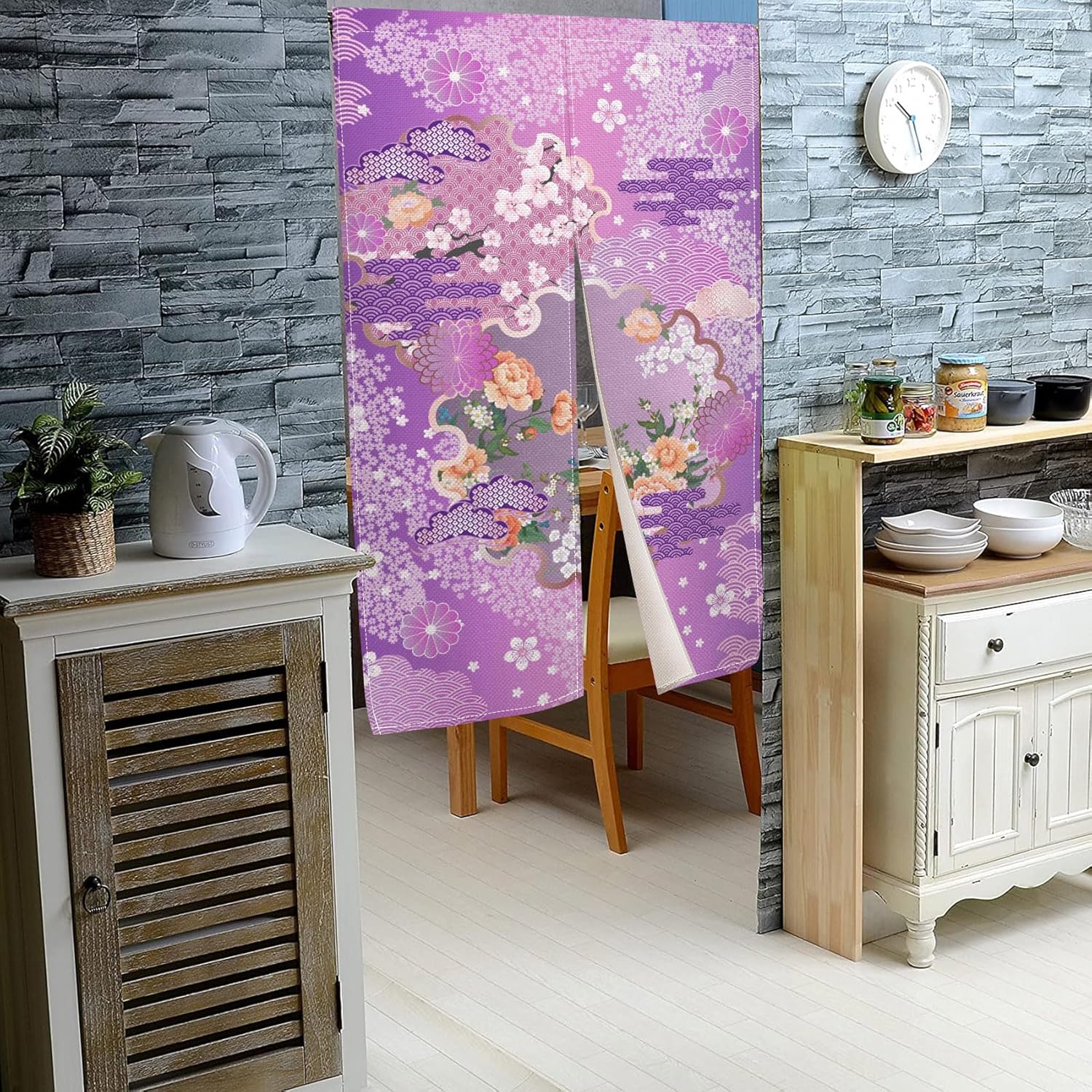 Japanese Bloomy Flowers Wave Pattern Noren Curtain