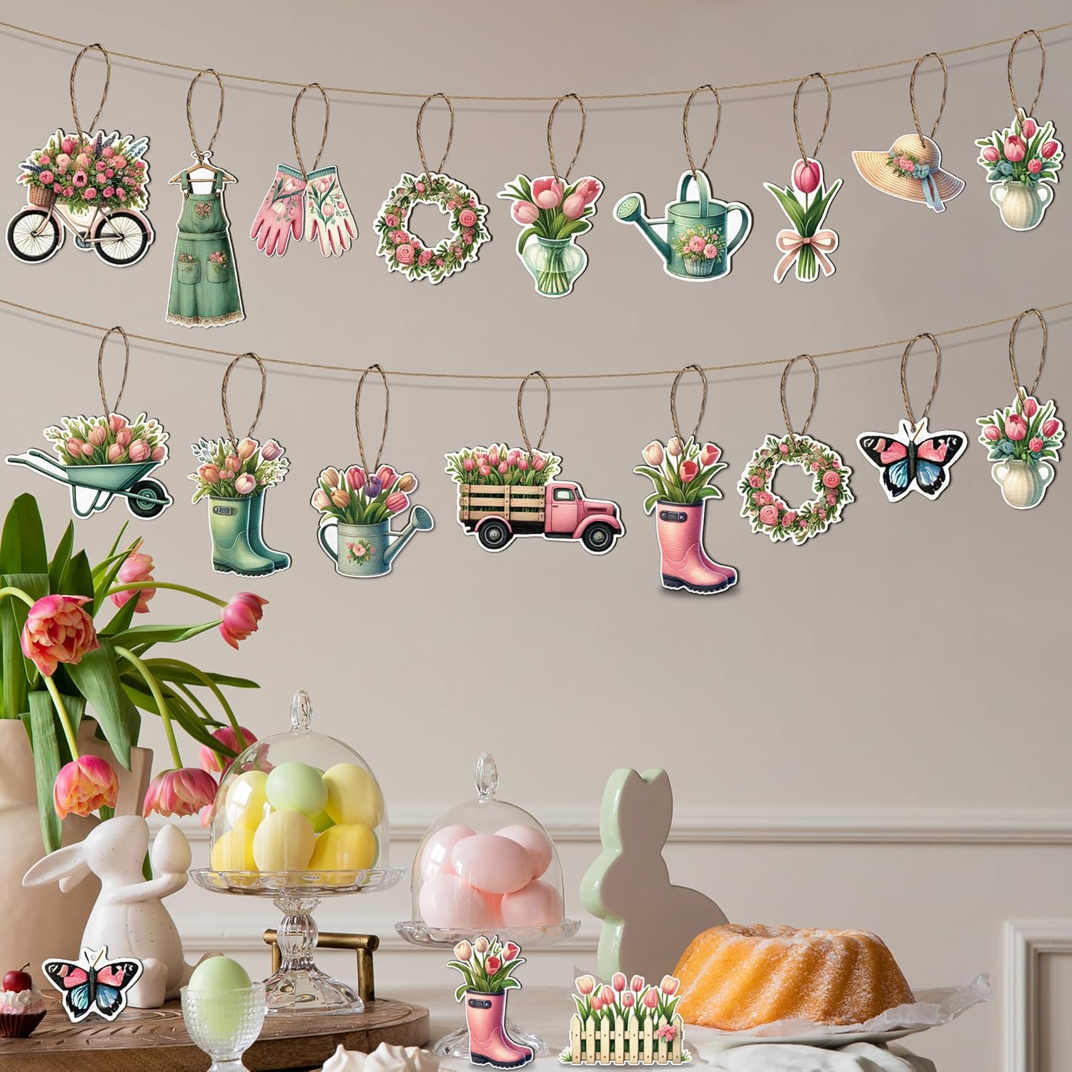 48PCS Spring Wooden Flower Hanging Decorations