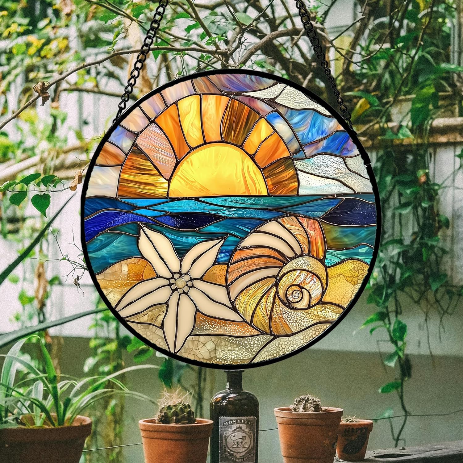 Stained Glass Window Hanging - Gold Sun Blue Sea Suncatcher 15 in