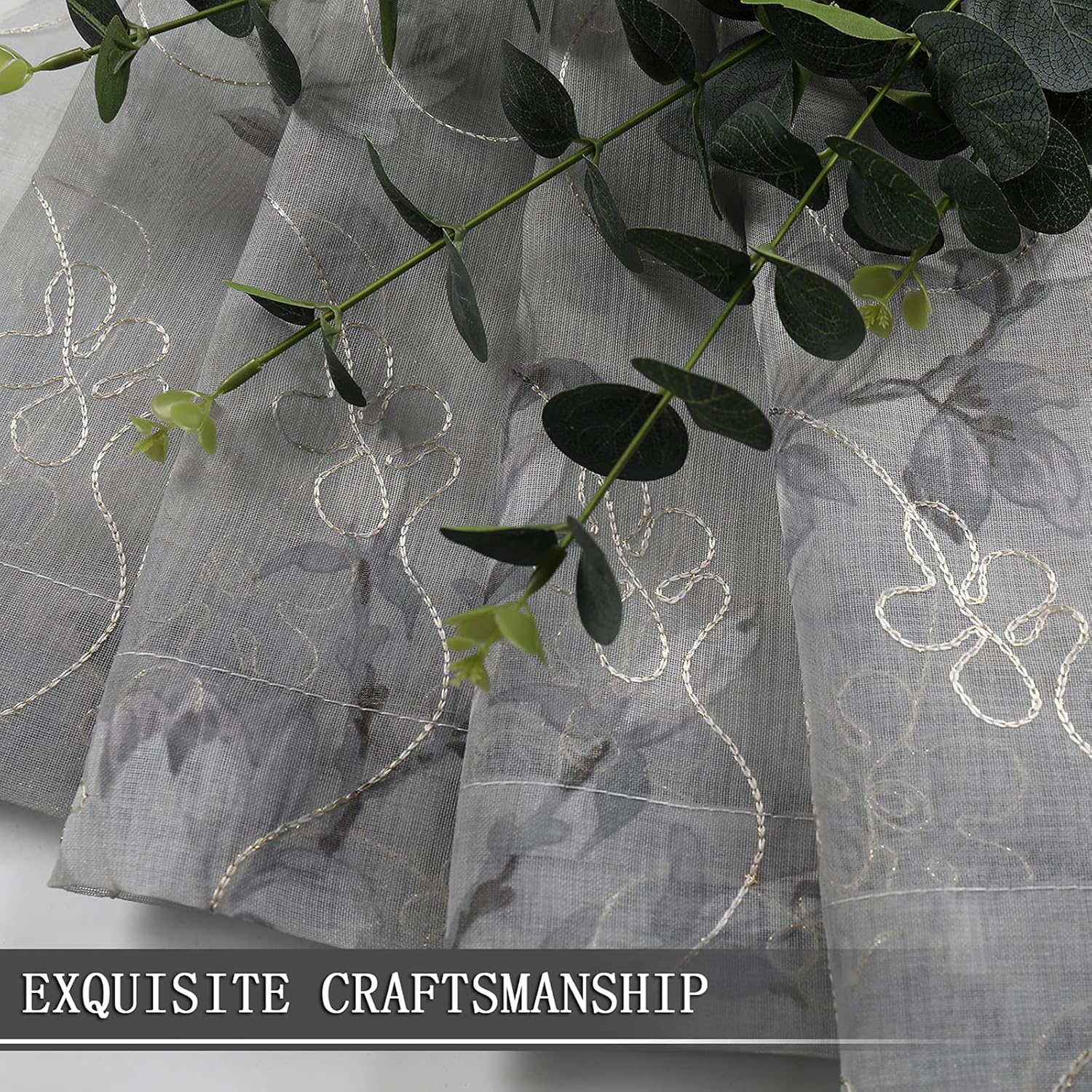 Tollpiz Floral Grey Sheer Curtains with Vine Embroidery
