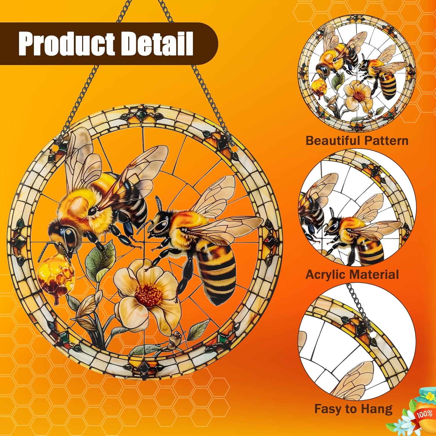 Bee Window Decor - Acrylic Sun Catcher with Hook and Chain