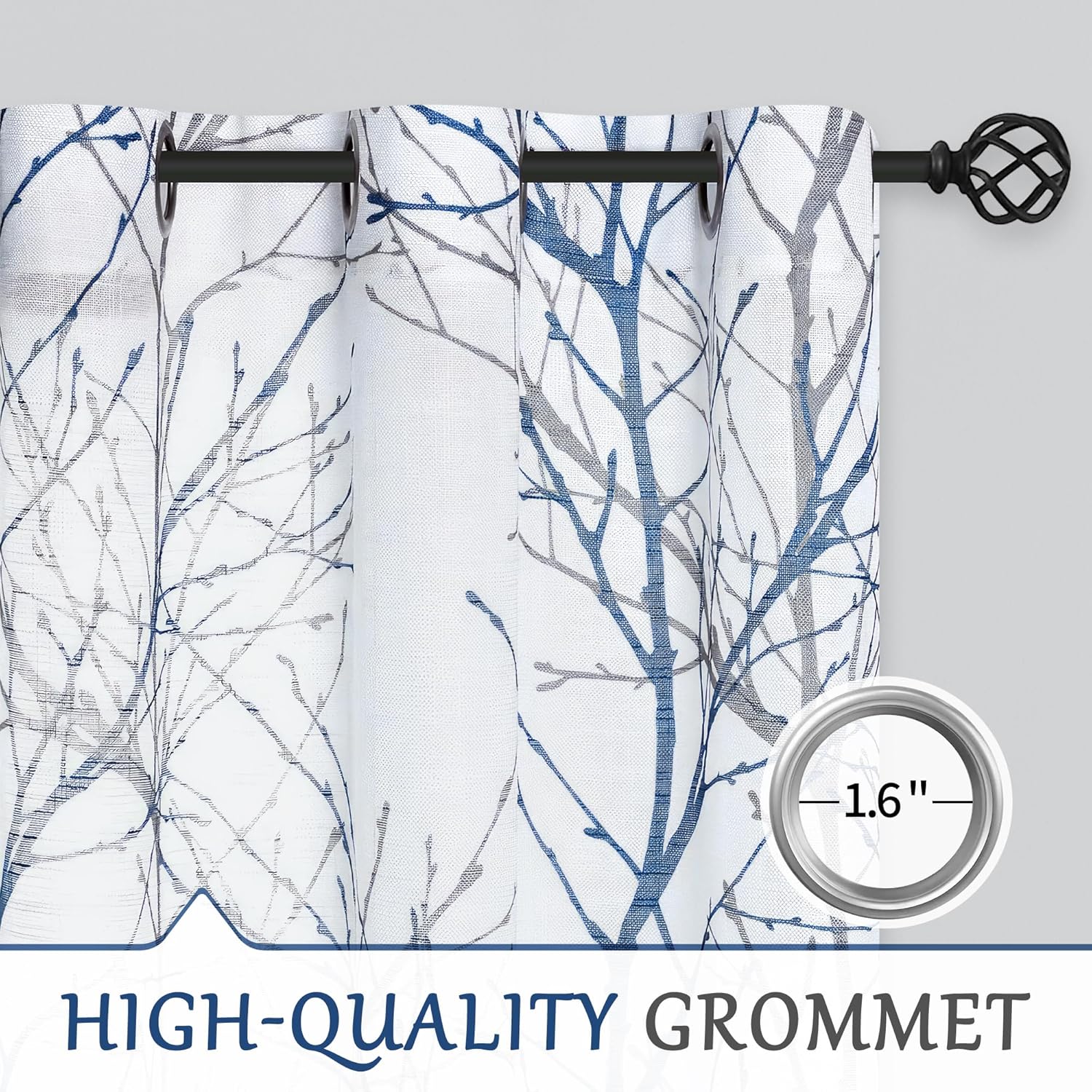 FMFUNCTEX Blue White Branch Tree Print Curtain Panel