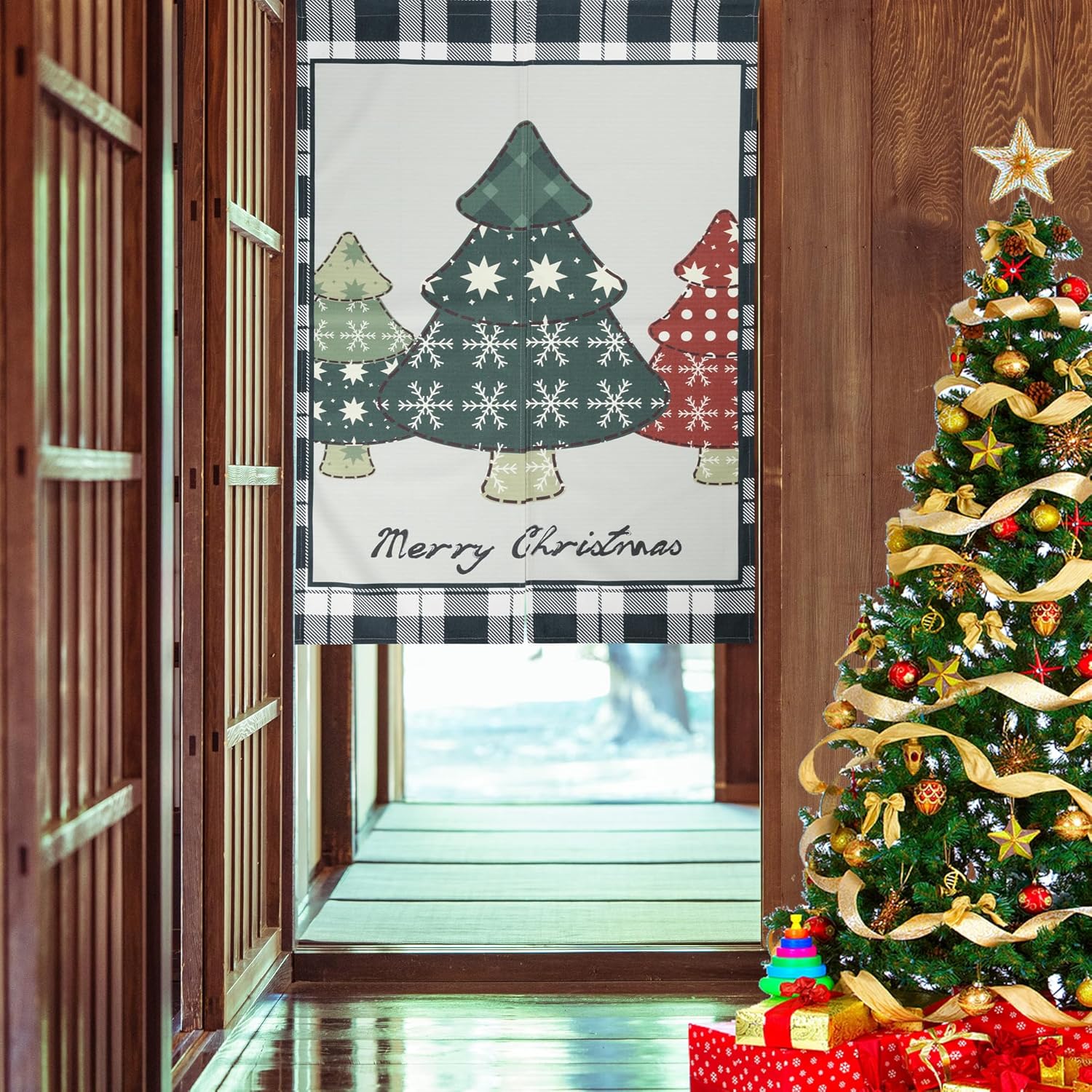 Japanese Xmas Noren Door Curtain Tapestry Black Buffalo Checker Pines 33x47inches