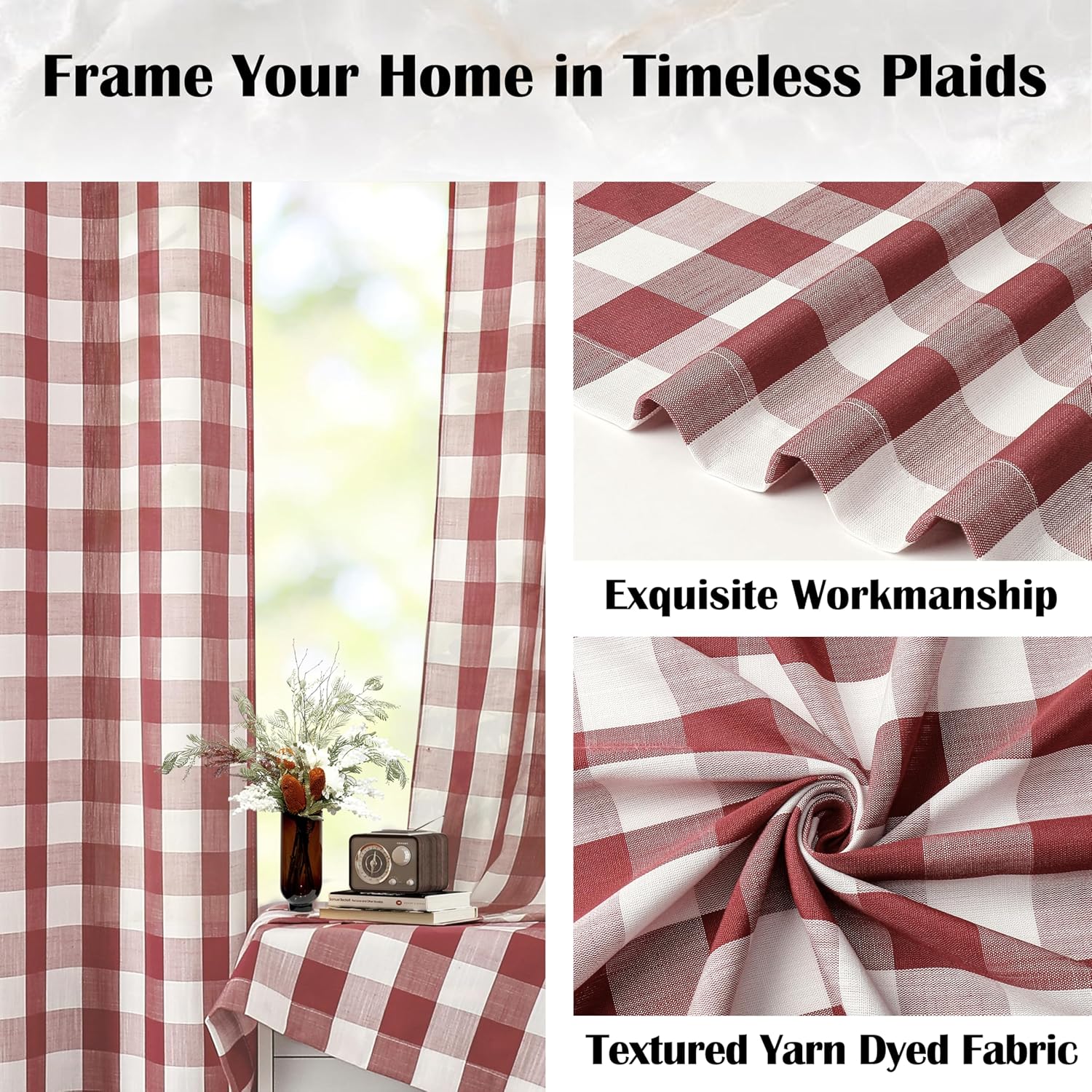 Red White Buffalo Check Window Curtain Panel 54 Inch Long