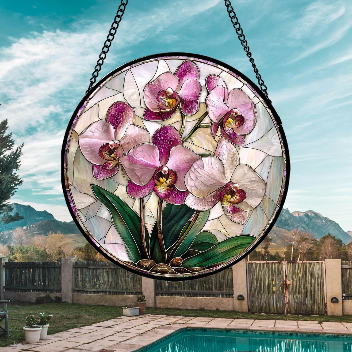 Stained Glass Window Hanging - 15 in Pink Purple Phalaenopsis Flowers