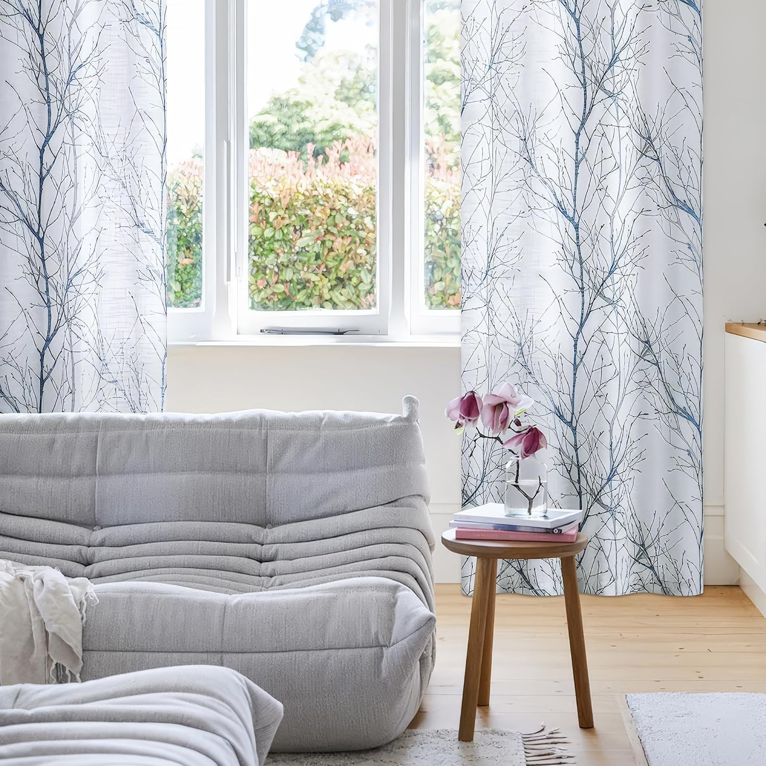 FMFUNCTEX Blue White Branch Tree Print Curtain Panel
