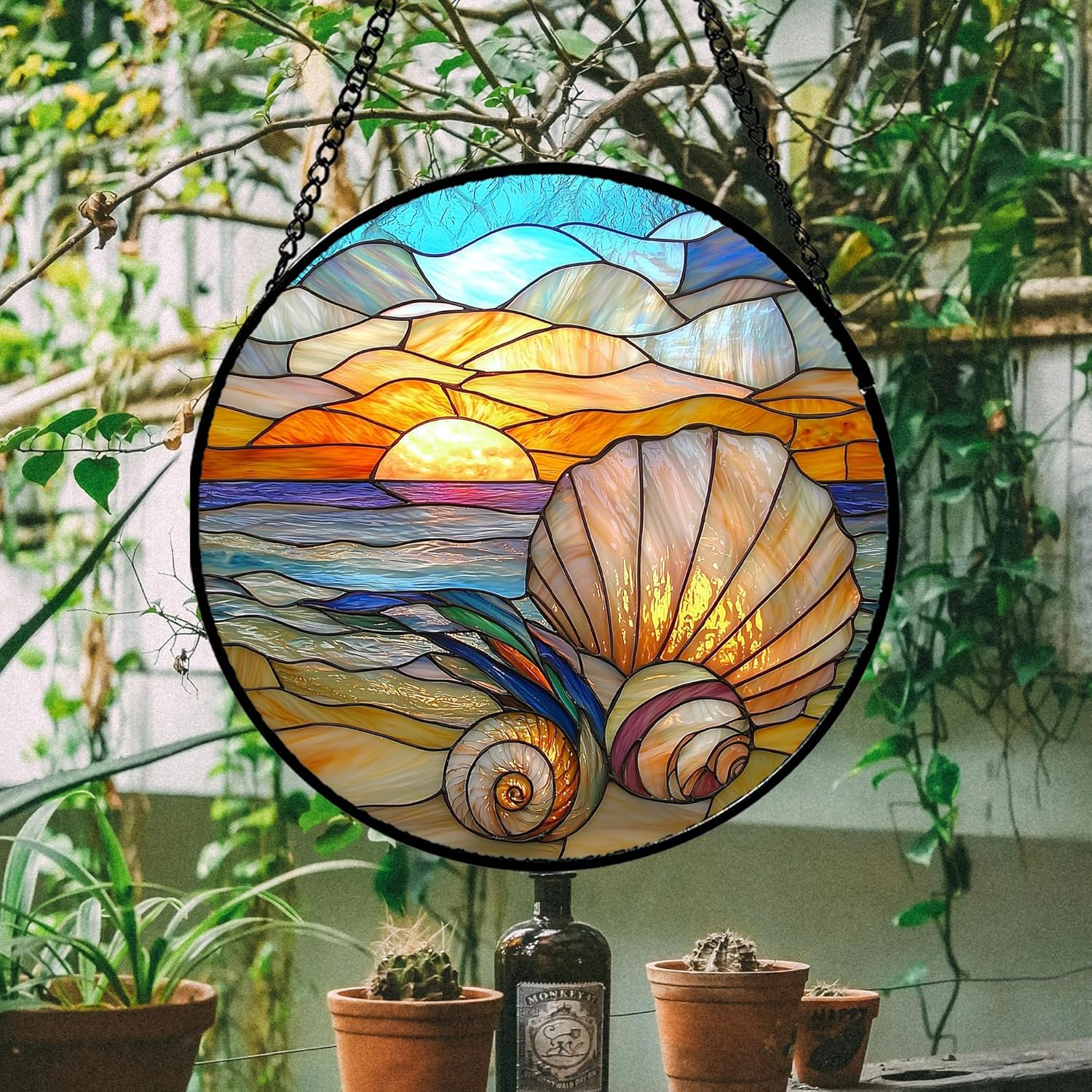 Colorful Beach Shells Stained Glass Window Hanging