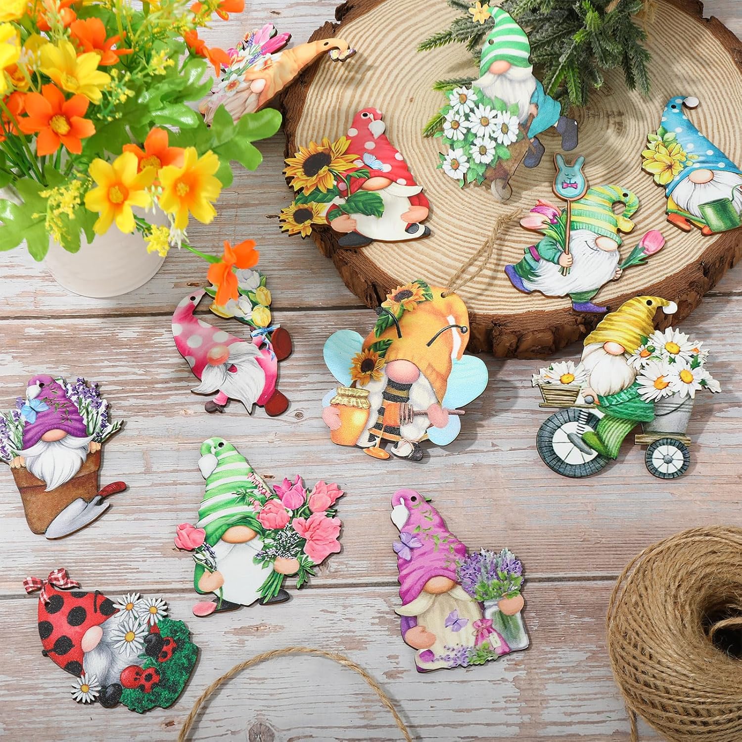Spring Hanging Ornament Gnomes Flowers Wooden Decor 24 Pack