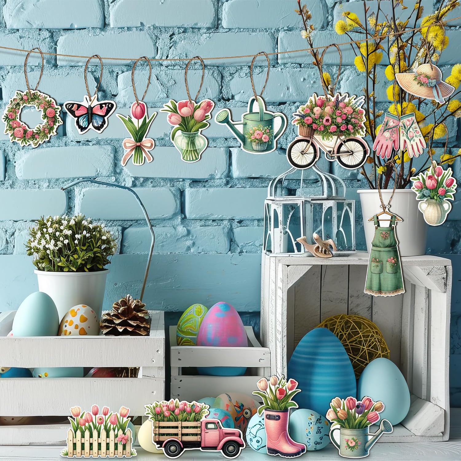 48PCS Spring Wooden Flower Hanging Decorations