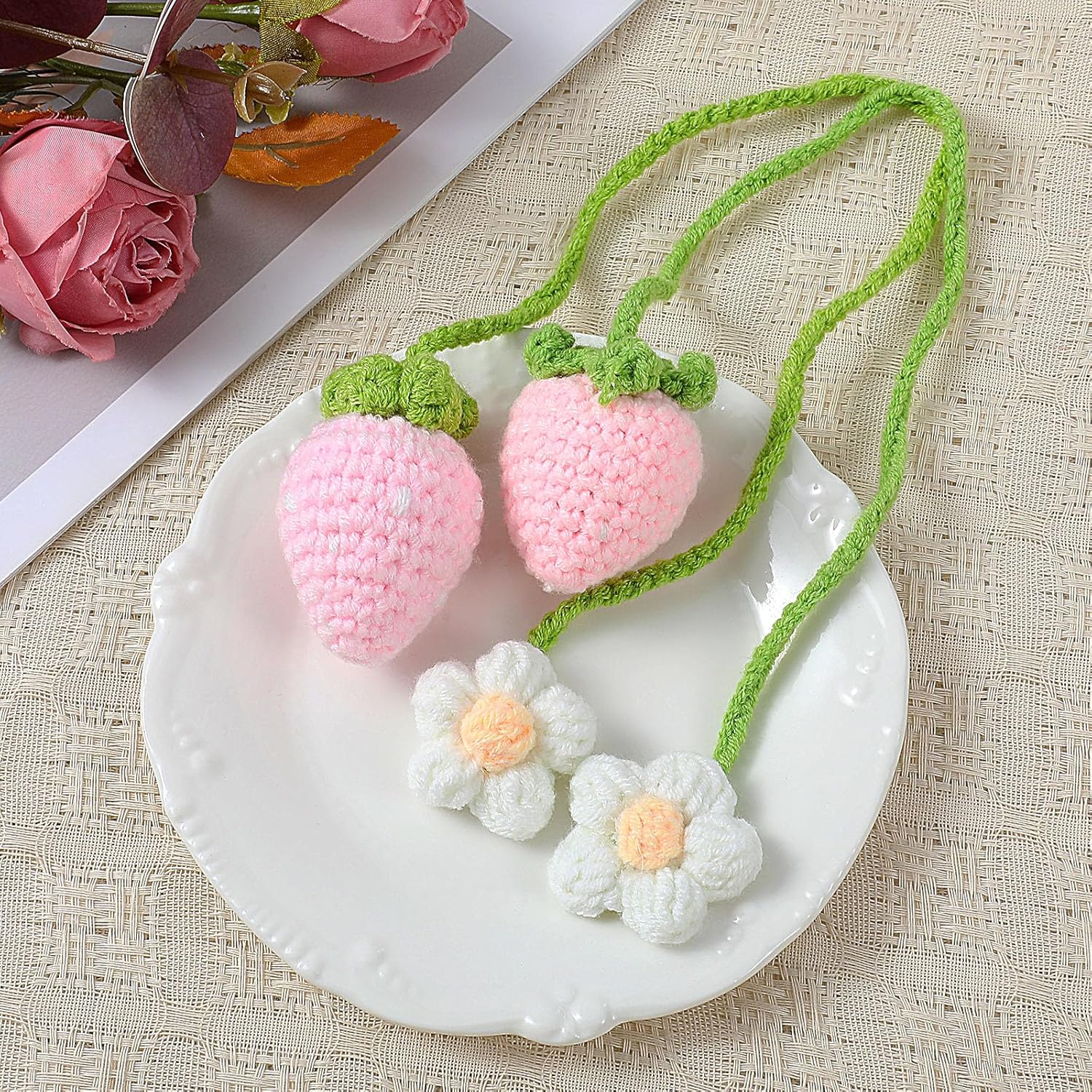 Telooco Crochet Strawberry Car Hanging Ornament Set