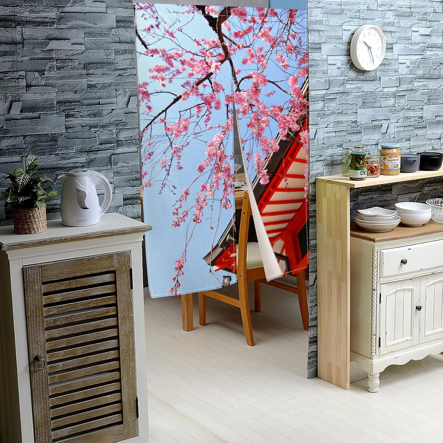 Leowefowa Japanese Noren Door Curtain Panel Spring Pink Cherry Blossom