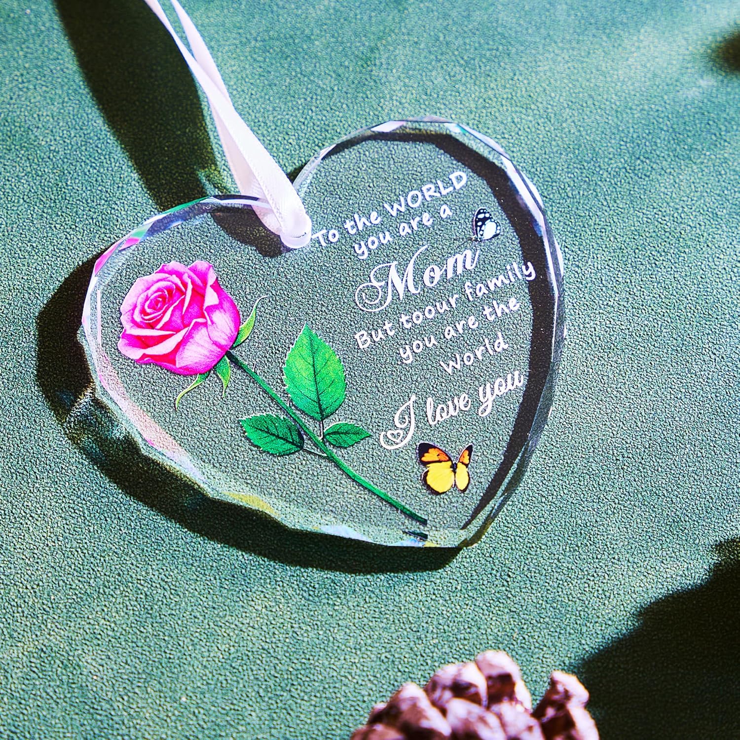 Heart Shaped Glass Christmas Ornament for Mom Pink Rose Design